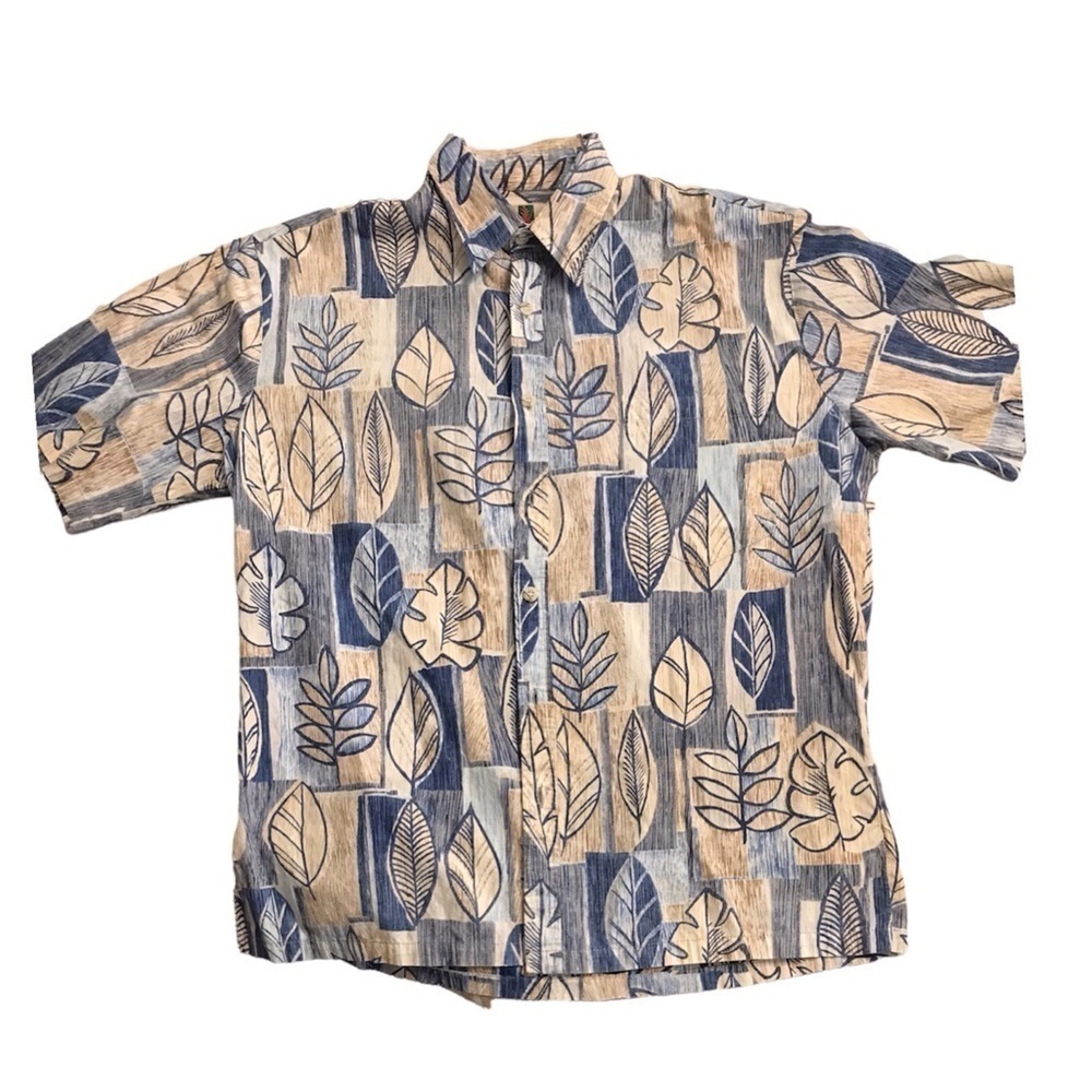 Tori Richard Tropical Tan Blue Leaf Print Button Up Shirt